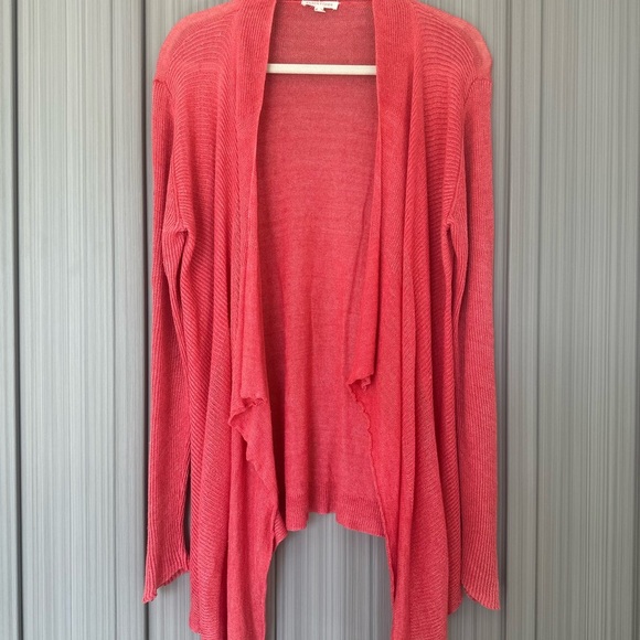 Eileen Fisher Vibrant Coral Linen Open Cardigan Lightweight Staple Layer Sz L - Picture 3 of 9